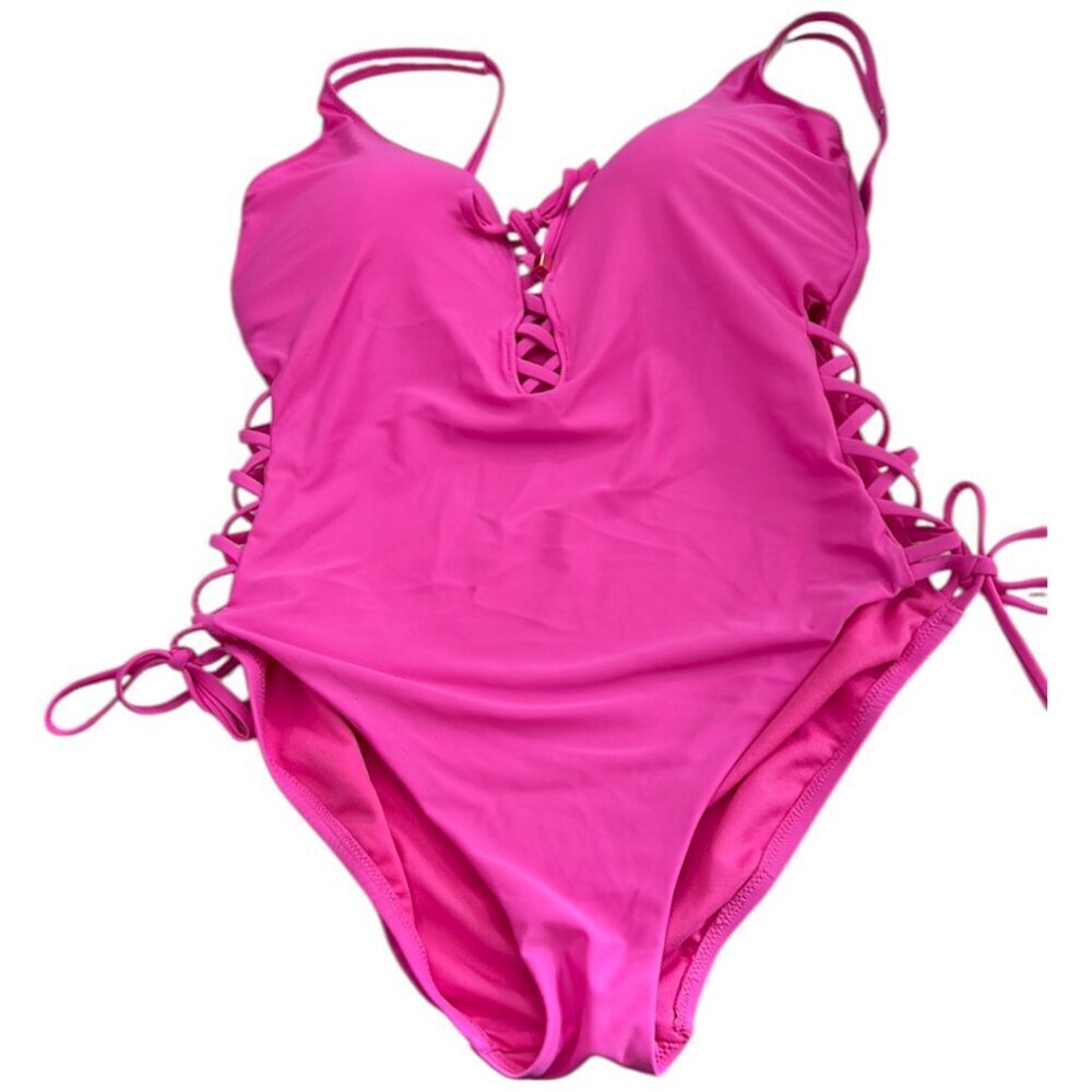 Bar III Magenta Lace Up One Piece Swimsuit Medium NWT Plunge Monokini
